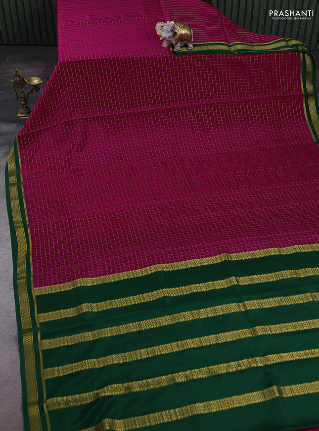 Pink & Green Pure Mysore Silk Saree - Checks