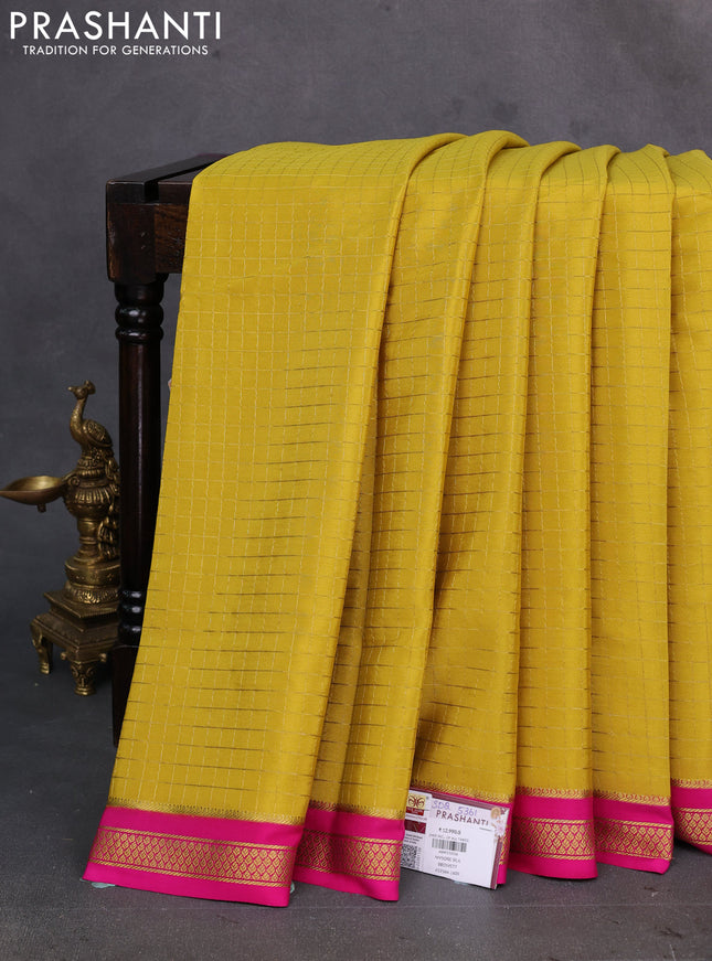 Yellow & Pink Pure Mysore Silk Saree - Checks