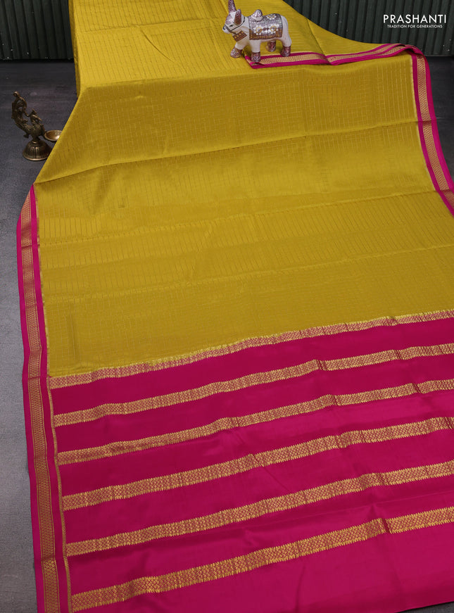 Yellow & Pink Pure Mysore Silk Saree - Checks