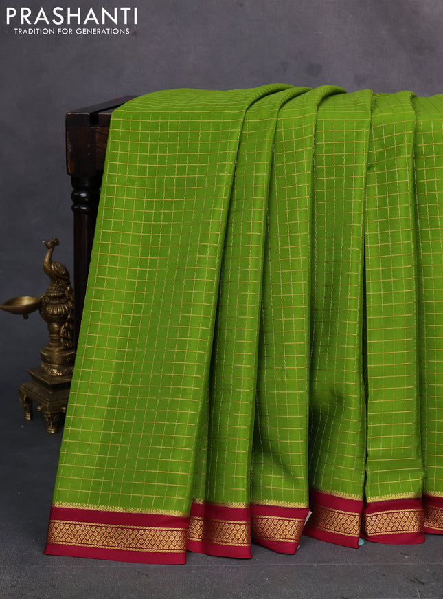 Green & Maroon Pure Mysore Silk Saree - Checks