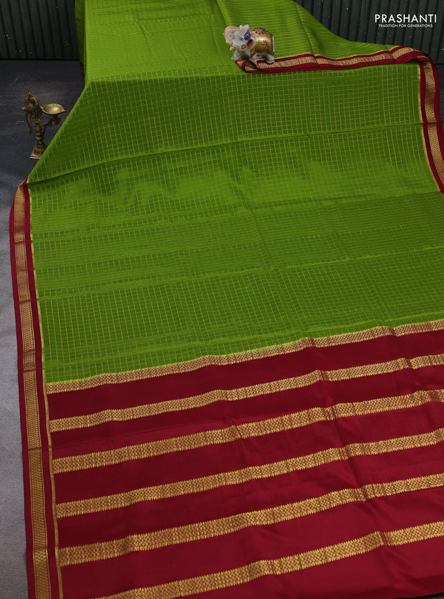 Green & Maroon Pure Mysore Silk Saree - Checks