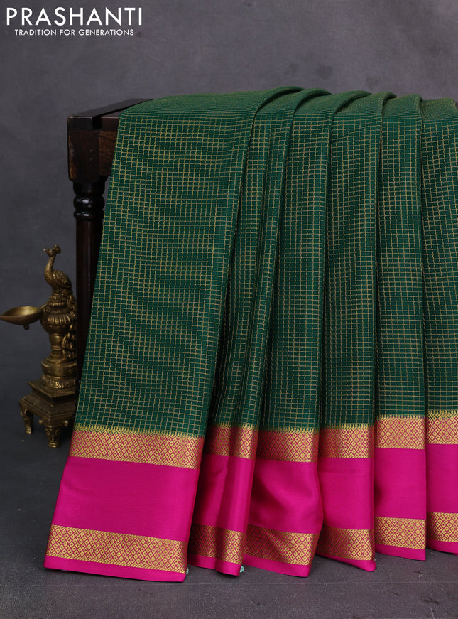 Green & Pink Pure Mysore Silk Saree - Checks