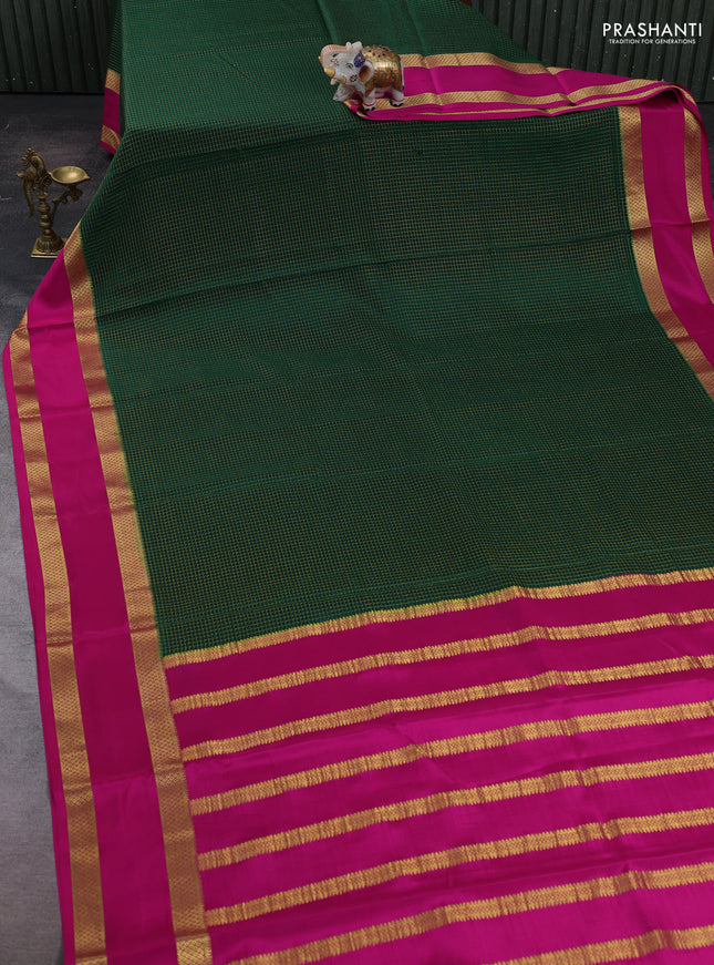 Green & Pink Pure Mysore Silk Saree - Checks