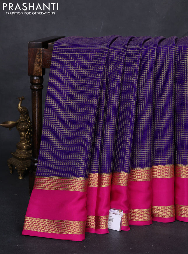 Violet & Pink Pure Mysore Silk Saree - Checks