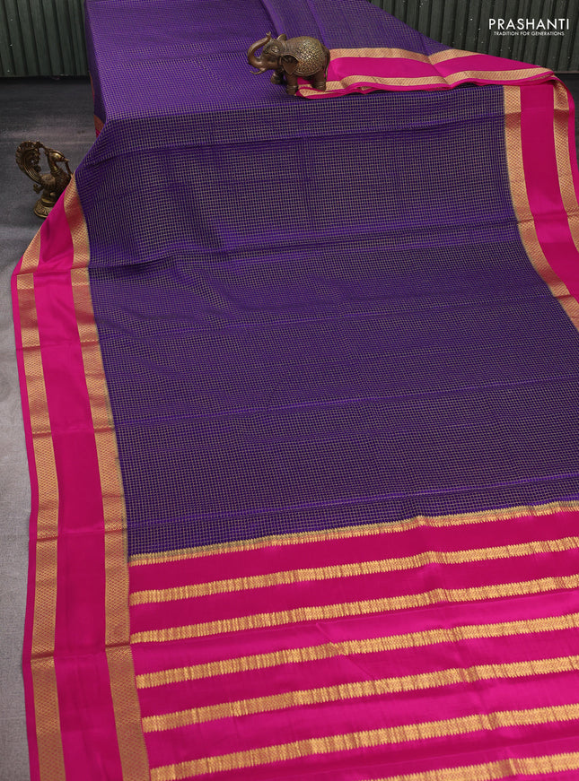 Violet & Pink Pure Mysore Silk Saree - Checks