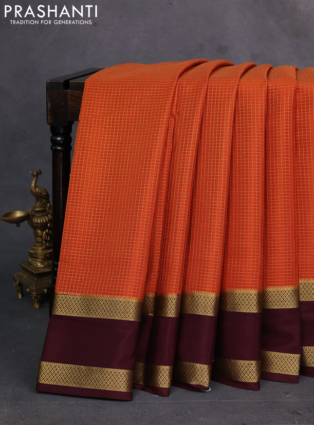 Rust & Coffee Brown  Pure Mysore Silk Saree - Checks