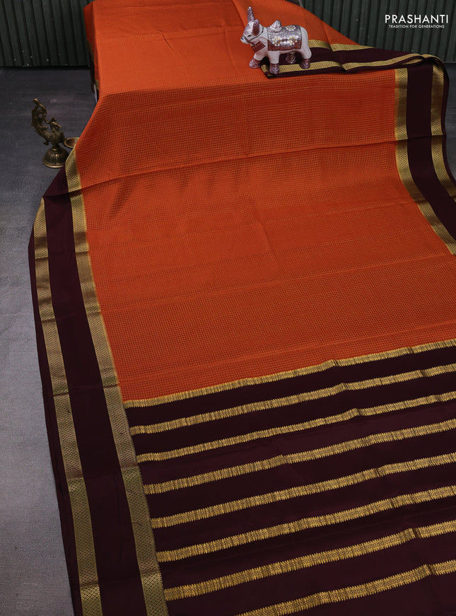 Rust & Coffee Brown  Pure Mysore Silk Saree - Checks