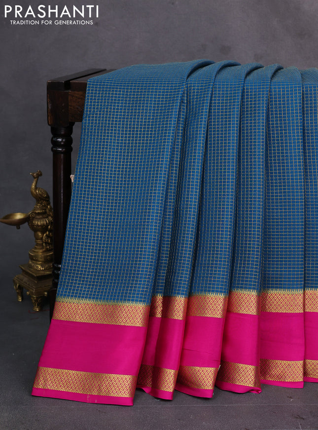 Peacock green & Pink  Pure Mysore Silk Saree - Checks