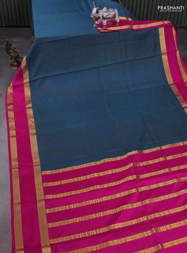 Peacock green & Pink  Pure Mysore Silk Saree - Checks