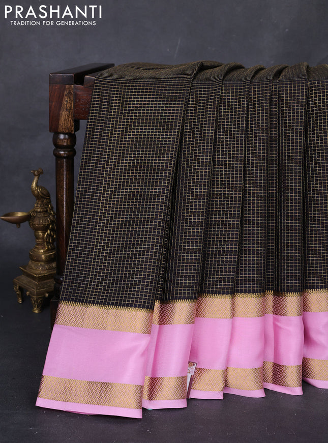 Black & Lotus Pink  Pure Mysore Silk Saree - Checks