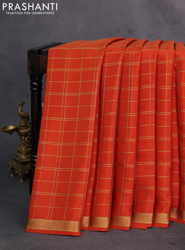 Orange Pure Mysore Silk Saree - Checks
