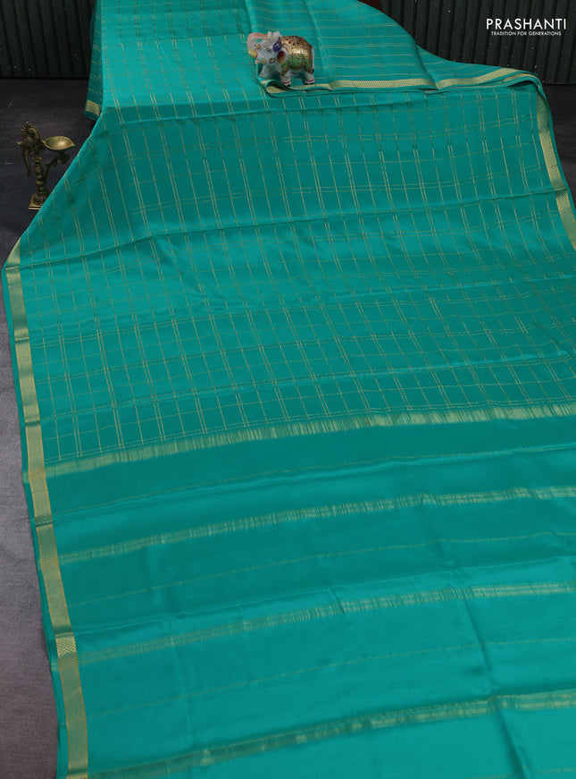 Teal Green Pure Mysore Silk Saree - Checks