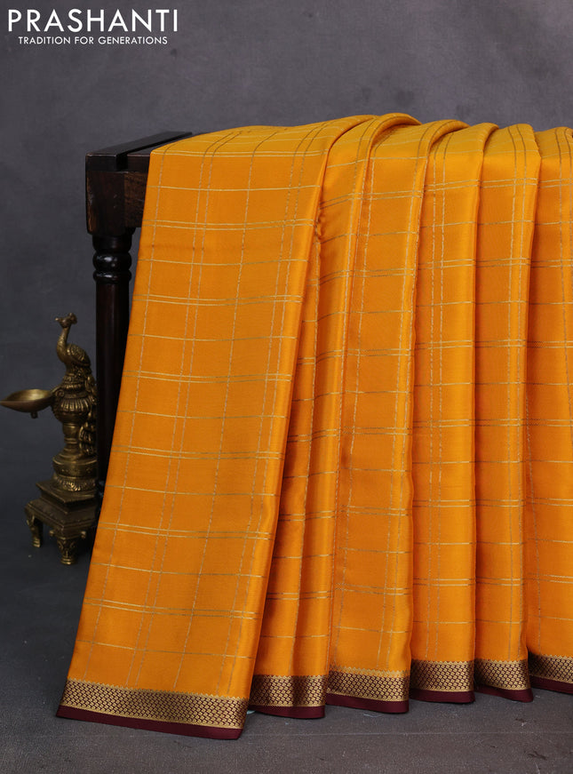 Yellow & Coffee Brown Pure Mysore Silk Saree - Checks