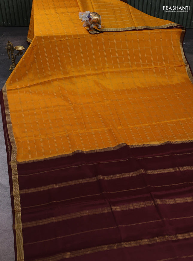 Yellow & Coffee Brown Pure Mysore Silk Saree - Checks