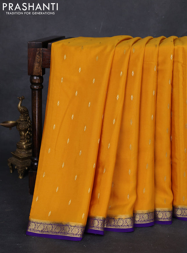 Mustard Yellow & Violet Pure Mysore Silk Saree - Buttas