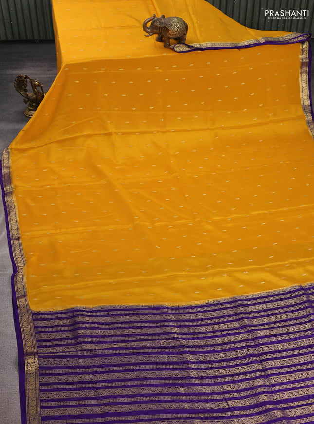 Mustard Yellow & Violet Pure Mysore Silk Saree - Buttas