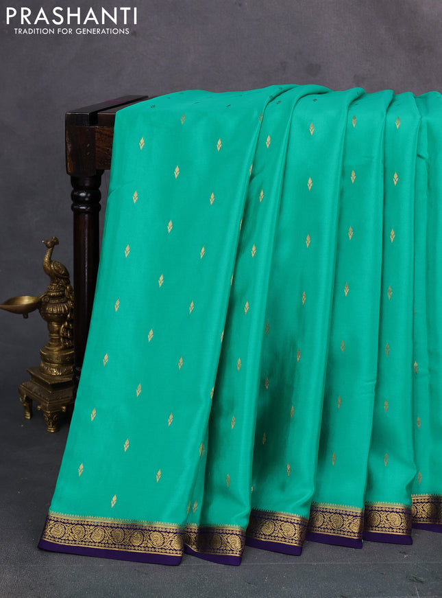 Teal green & Violet Pure Mysore Silk Saree - Buttas