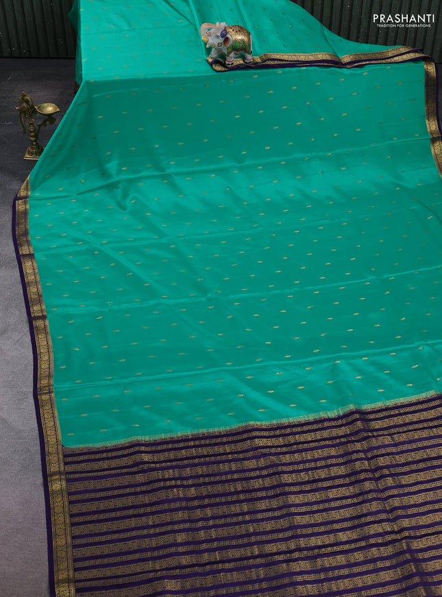 Teal green & Violet Pure Mysore Silk Saree - Buttas
