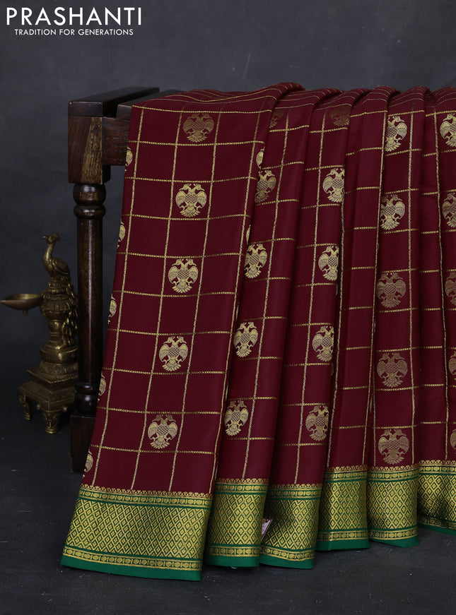 Maroon & Green Pure Mysore Silk Saree - Checks