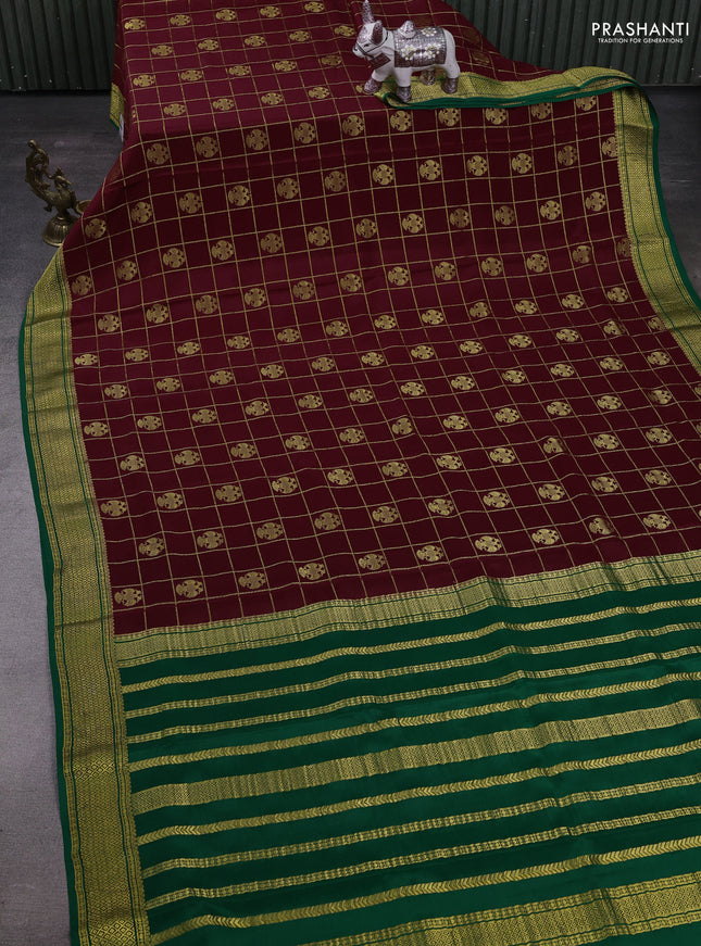 Maroon & Green Pure Mysore Silk Saree - Checks