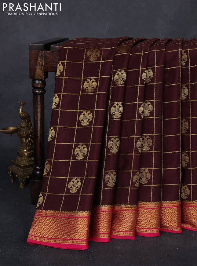 Coffee Brown & Pink Pure Mysore Silk Saree - Checks