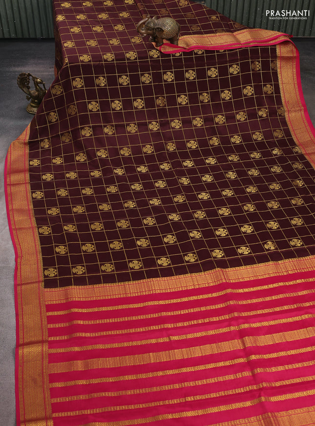 Coffee Brown & Pink Pure Mysore Silk Saree - Checks