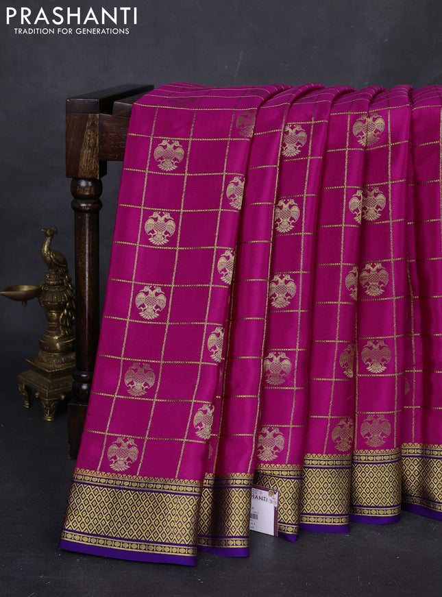 Pink & violet Pure Mysore Silk Saree - Checks