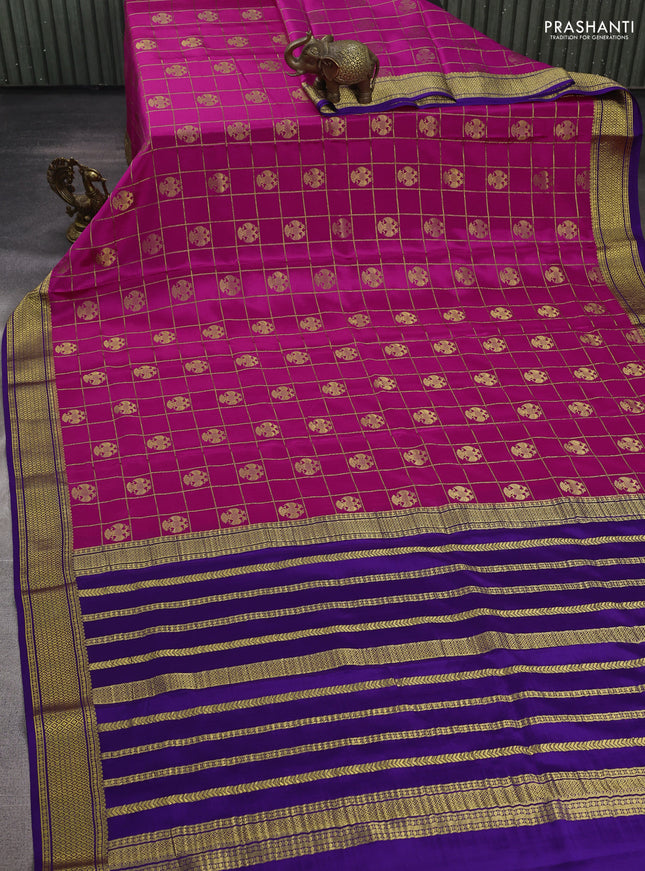 Pink & violet Pure Mysore Silk Saree - Checks