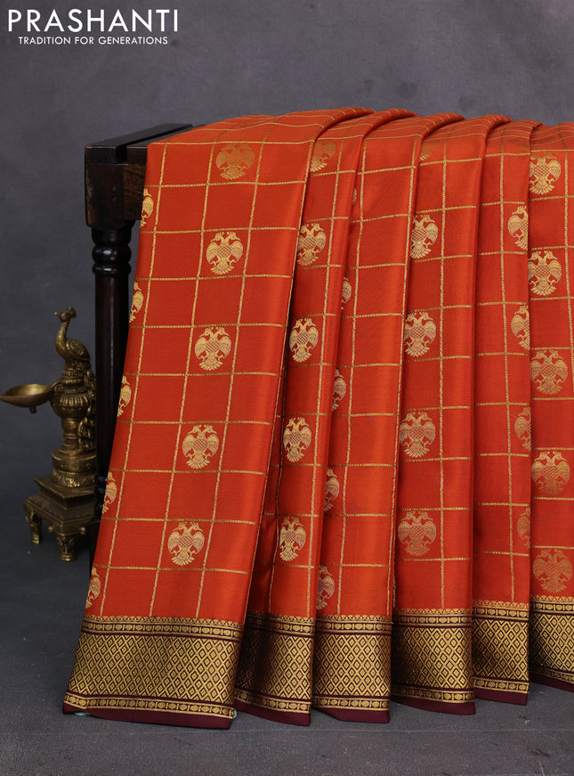 Rust &  Coffee Brown Pure Mysore Silk Saree - Checks