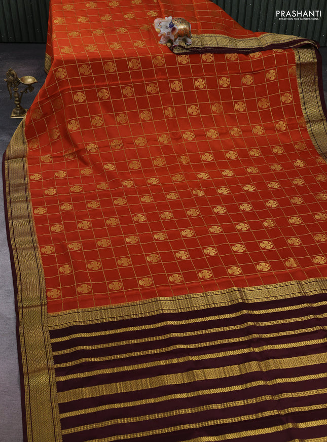 Rust &  Coffee Brown Pure Mysore Silk Saree - Checks