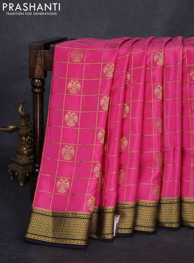 Pink & Black Pure Mysore Silk Saree - Checks