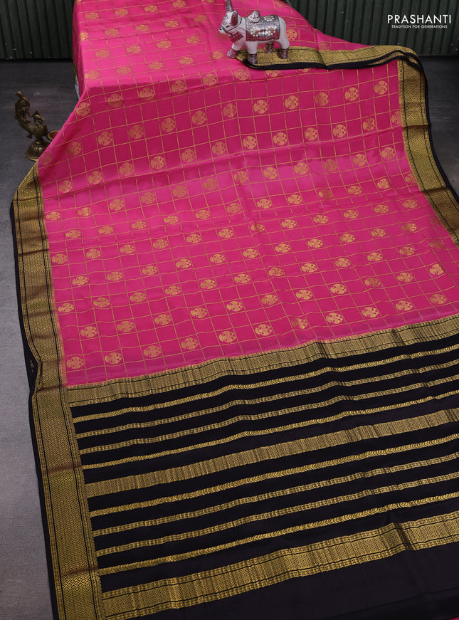 Pink & Black Pure Mysore Silk Saree - Checks