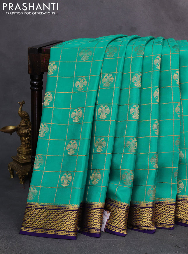 Teal Blue & Navy Blue Pure  Mysore silk saree - Buttas