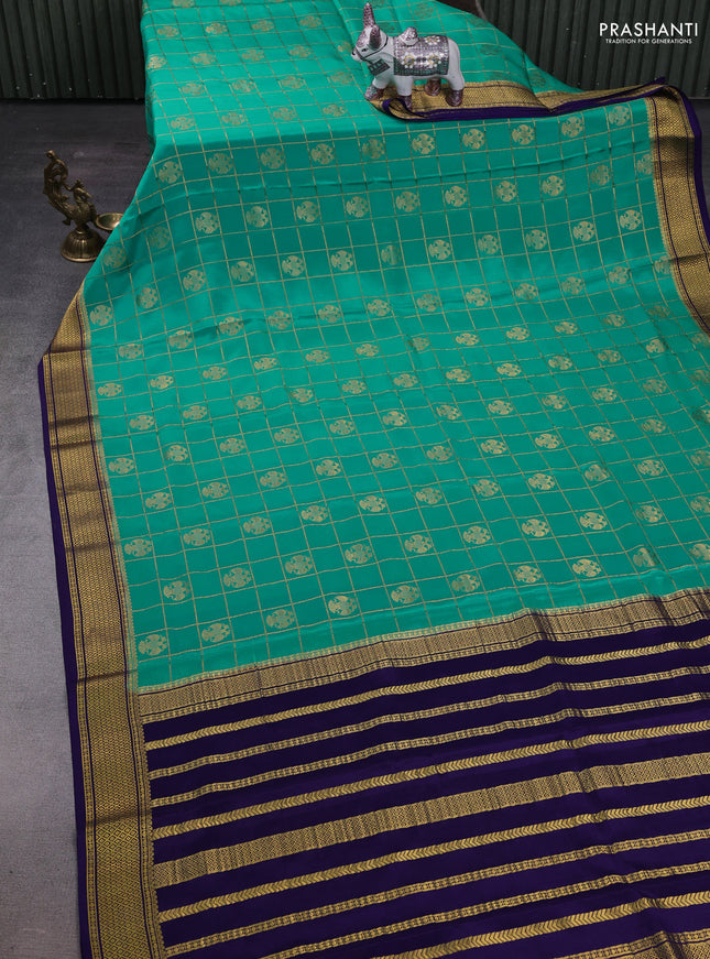Teal Blue & Navy Blue Pure  Mysore silk saree - Buttas