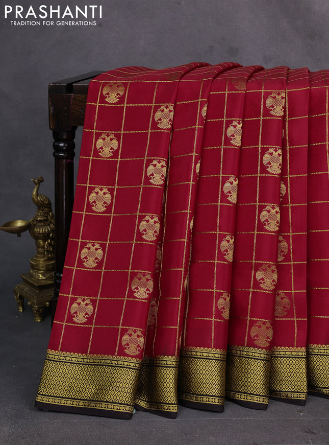 Red & Coffee Brown Pure Mysore Silk Saree - Checks