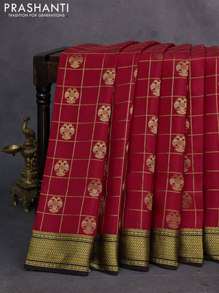 Red & Coffee Brown Pure Mysore Silk Saree - Checks