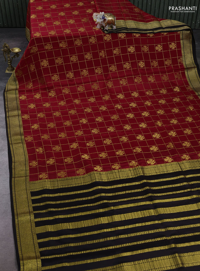 Red & Coffee Brown Pure Mysore Silk Saree - Checks