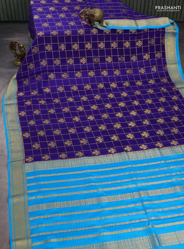 Blue & Cs Blue Pure Mysore Silk Saree - Checks