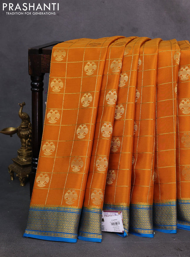 Mustard Yellow & Cs Blue Pure Mysore Silk Saree - Checks
