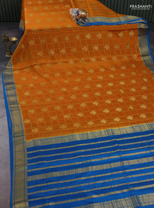 Mustard Yellow & Cs Blue Pure Mysore Silk Saree - Checks