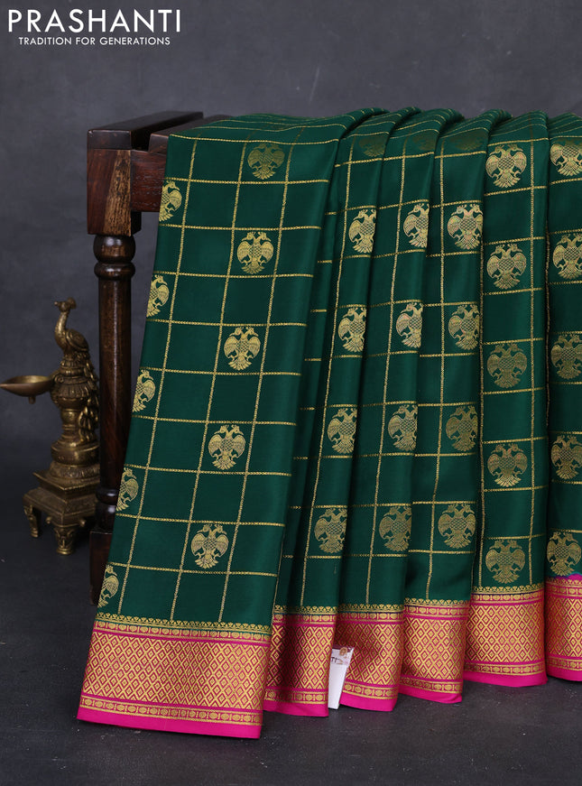 Green & Pink Pure  Mysore silk saree - Checks