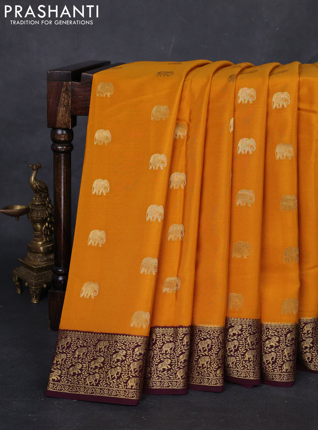 Mustard Yellow & Coffee Brown Pure  Mysore silk saree - Buttas