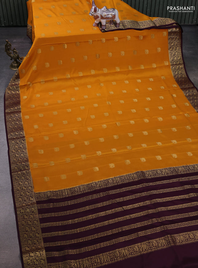 Mustard Yellow & Coffee Brown Pure  Mysore silk saree - Buttas