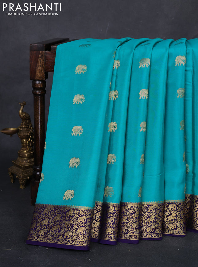 Teal Blue & Navy Blue Pure  Mysore silk saree - Buttas