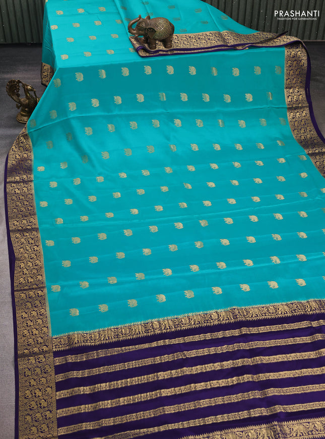 Teal Blue & Navy Blue Pure  Mysore silk saree - Buttas