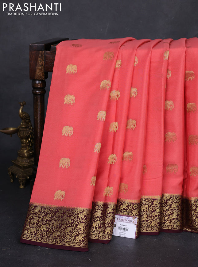 Peach & coffee brown Pure  Mysore silk saree - Buttas