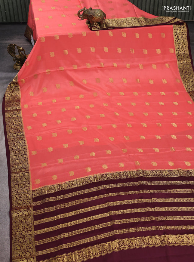Peach & coffee brown Pure  Mysore silk saree - Buttas