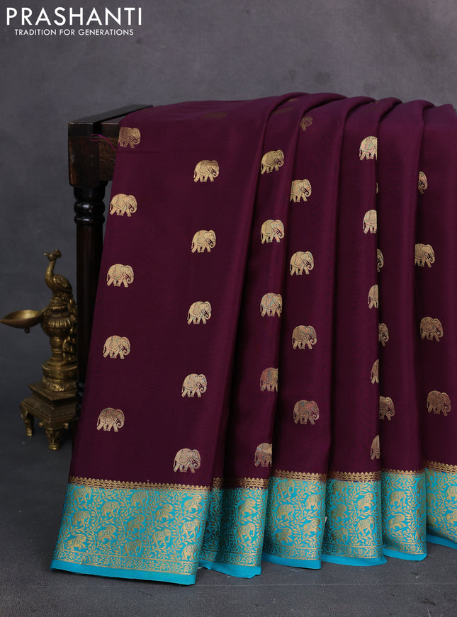Maroon & Teal blue Pure  Mysore silk saree - Buttas