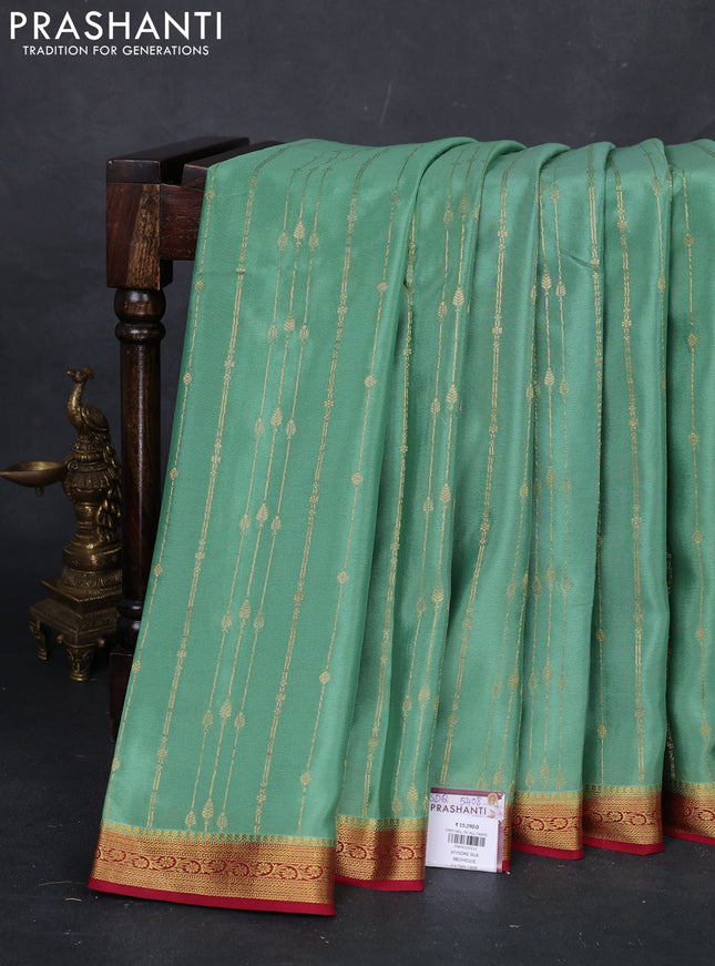 Pista Green & Red Pure Mysore Silk Saree - Buttas