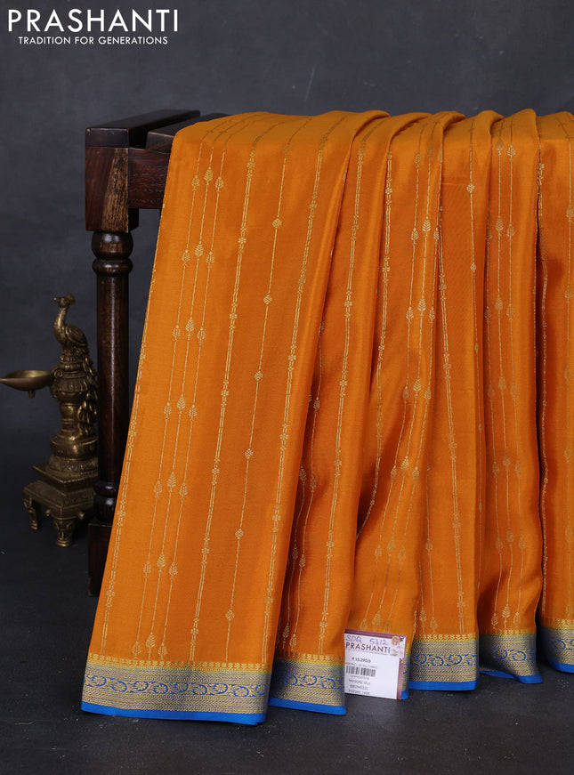 Mustard Yellow & peacock Blue Pure Mysore Silk Saree - Buttas